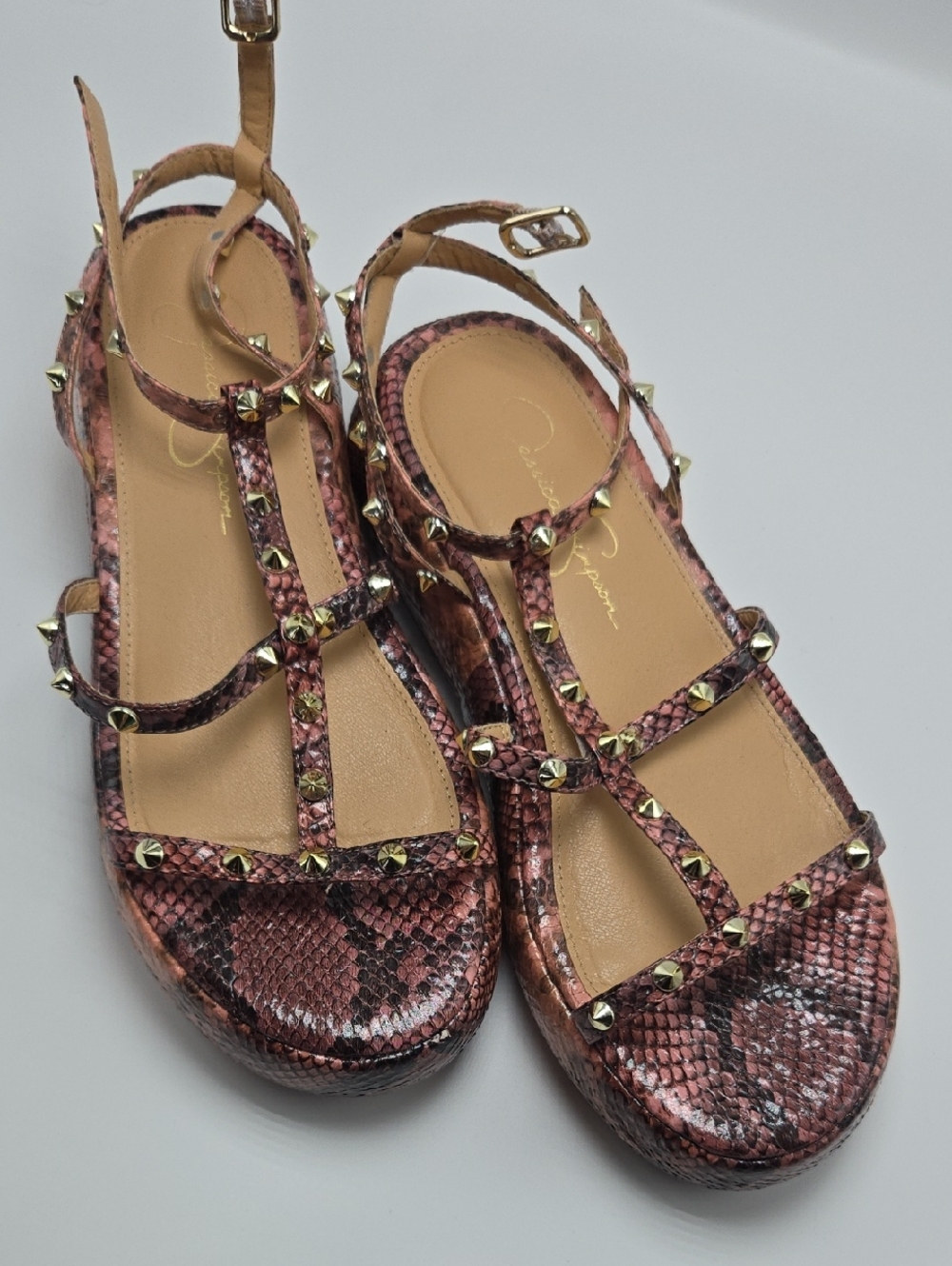 Jessica Simpson Pink Snake-Print Studded T-Strap Sandals